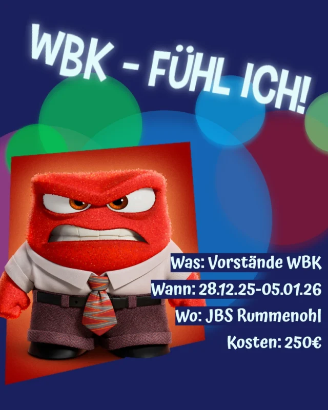 WBK - Fühlen wir! Du auch?
Dann ist unser WBK für Vorstände genau das richtige für dich:
Erlebe mit uns nicht nur alle Phasen der Projektmethode, sondern auch alle Phasen der Trauer in nur neun Tagen! Zweifel an dir oder der Vernunft deiner Mitteilnehmenden. Spüre, wie dein Kopf explodiert, beim Versuch einen Gruppenkonsens zu finden und erlebe eine Überdosis Freude, wenn es gemeinsam geschafft ist.

Der Kurs findet statt vom 28.12.25 bis 5.01.26, das Entwicklungswochenende ist für den 12.-14.06.2026 geplant (beides in der JBS Don Bosco, Hagen-Rummenohl)
Voraussetzung für die Teilnahme ist, dass du in diesen Zeiten ein Vorstandsamt bekleidest und deine komplette Modulausbildung absolviert hast.

Anmelden kannst du dich für diese Achterbahn der Gefühle über unser Anmeldetool: anmeldung.dpsg-essen.de/events 

Die Anmeldung läuft bis zum 30.11., bzw. bis alle Plätze belegt sind. 
Du hast noch Rückfragen? Dann wende dich an deine Teamenden unter: 
V-WBK@dpsg-essen.de

Characters: © Pixar 2015
Artwork: © KahlanAmnelle 2022 on deviantart.com

#meinedpsg #dpsgdvessen #meineheimatmeineliebemeinverband #dpsgessen #wbkfühlich #ausbildung #allesstehtkopf #fühlich #wbk #insideout