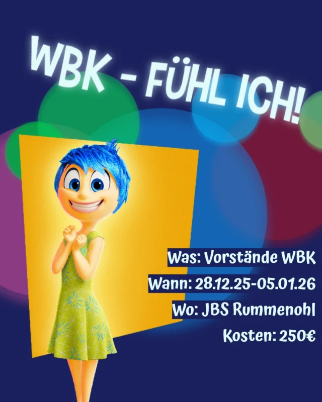 WBK - Fühlen wir! Du auch?
Dann ist unser WBK für Vorstände genau das richtige für dich:
Erlebe mit uns nicht nur alle Phasen der Projektmethode, sondern auch alle Phasen der Trauer in nur neun Tagen! Zweifel an dir oder der Vernunft deiner Mitteilnehmenden. Spüre, wie dein Kopf explodiert, beim Versuch einen Gruppenkonsens zu finden und erlebe eine Überdosis Freude, wenn es gemeinsam geschafft ist.

Der Kurs findet statt vom 28.12.25 bis 5.01.26, das Entwicklungswochenende ist für den 12.-14.06.2026 geplant (beides in der JBS Don Bosco, Hagen-Rummenohl)
Voraussetzung für die Teilnahme ist, dass du in diesen Zeiten ein Vorstandsamt bekleidest und deine komplette Modulausbildung absolviert hast.

Anmelden kannst du dich für diese Achterbahn der Gefühle über unser Anmeldetool: anmeldung.dpsg-essen.de/events 

Die Anmeldung läuft bis zum 30.11., bzw. bis alle Plätze belegt sind. 
Du hast noch Rückfragen? Dann wende dich an deine Teamenden unter: 
V-WBK@dpsg-essen.de

Characters: © Pixar 2015
Artwork: © KahlanAmnelle 2022 on deviantart.com

#meinedpsg #dpsgdvessen #meineheimatmeineliebemeinverband #dpsgessen #wbkfühlich #ausbildung #allesstehtkopf #fühlich #wbk #insideout