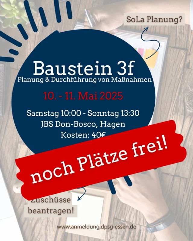 Dir fehlt in deiner Modulausbildung noch der Baustein 3f? 
Dann melde dich doch zu unserem Bausteinwochenende 3f "Planung und Durchführung von Maßnahmen" vom 10. - 11. Mai an. 

#dpsg #dpsgdvessen #modul3f #bausteinwochenende #nochfreieplätze #ausbildung