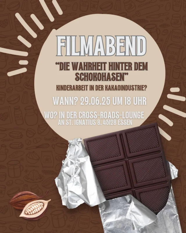 Der Facharbeitskreis Internationale Gerechtigkeit und Ökologie lädt am 29.06. herzlich zum thematischen Filmabend und anschließendem Austausch ein. 🍫

#dpsgdvessen #dpsg #filmabend #facharbeitskreis #internationalegerechtigkeit #ökologie #kakao #schokolade