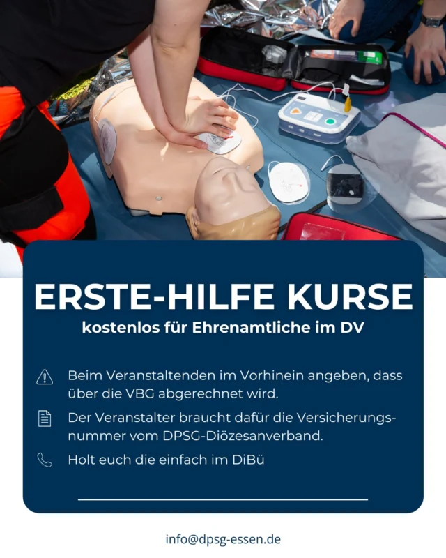So könnt ihr den Erste-Hilfe-Kurs abrechnen:
Die Kosten für den Kurs können über die VBG abgerechnet werden.
Wichtig: Gebt das direkt bei der Anmeldung beim Veranstalter an.

Sie vermerken das dann auf ihrer Abrechnung und rechnen direkt mit der Versicherung ab.

Dafür braucht der Veranstalter die Versicherungsnummer vom DPSG Diözesanverband.
Diese bekommt ihr ganz einfach im Diözesanbüro – meldet euch dort kurz! 

#ErsteHilfe #meinedpsg #dpsgdvessen #meineheimatmeineliebemeinverband #dpsgessen